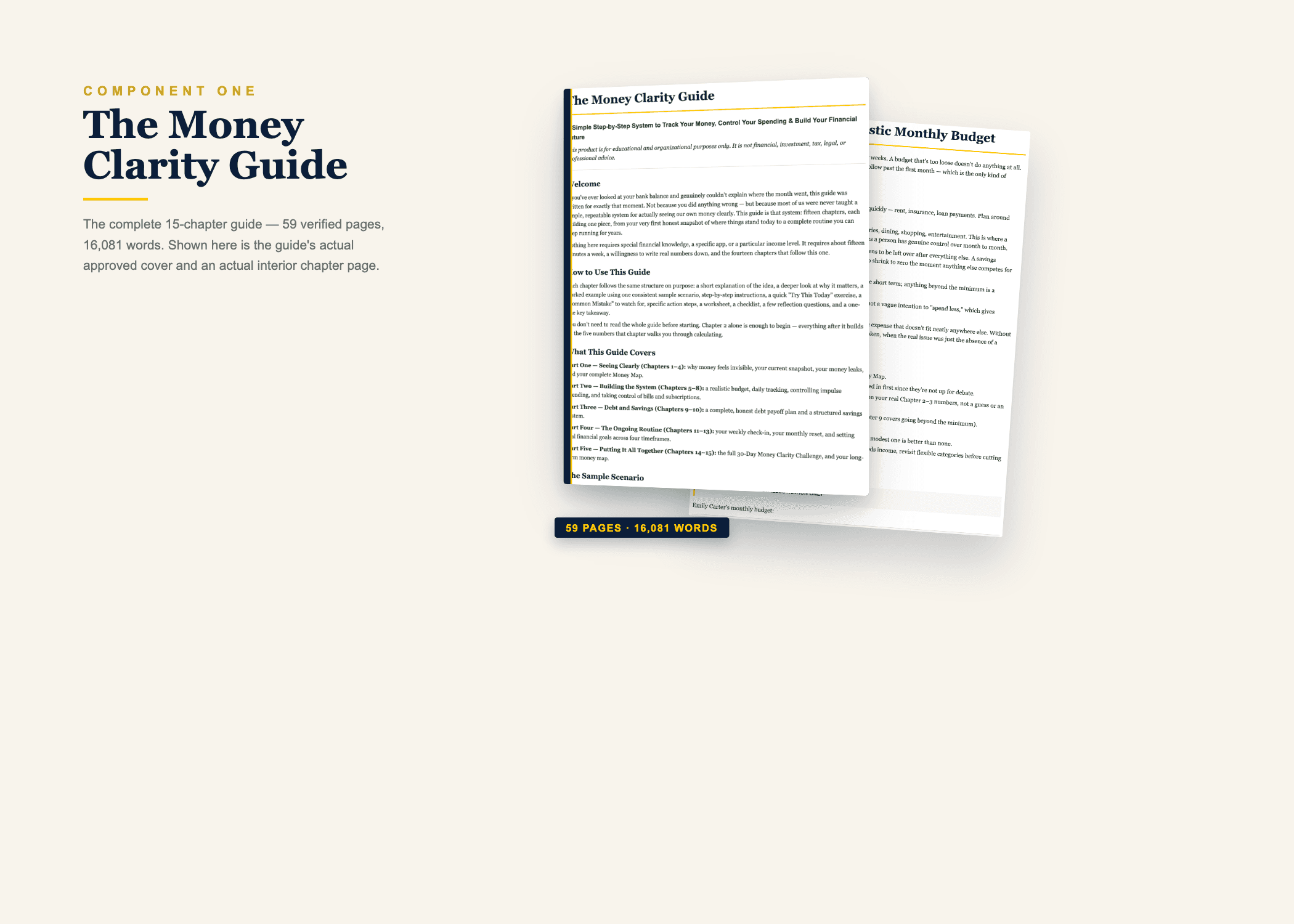 The Money Clarity Guide — the actual approved cover and an interior chapter page
