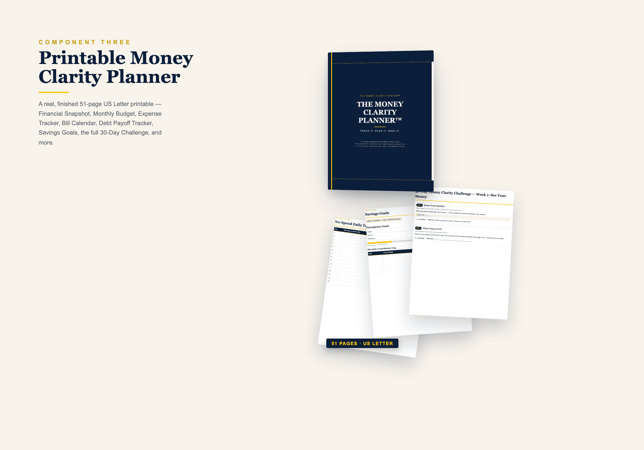 The Printable Money Clarity Planner — real pages from the approved 51-page planner