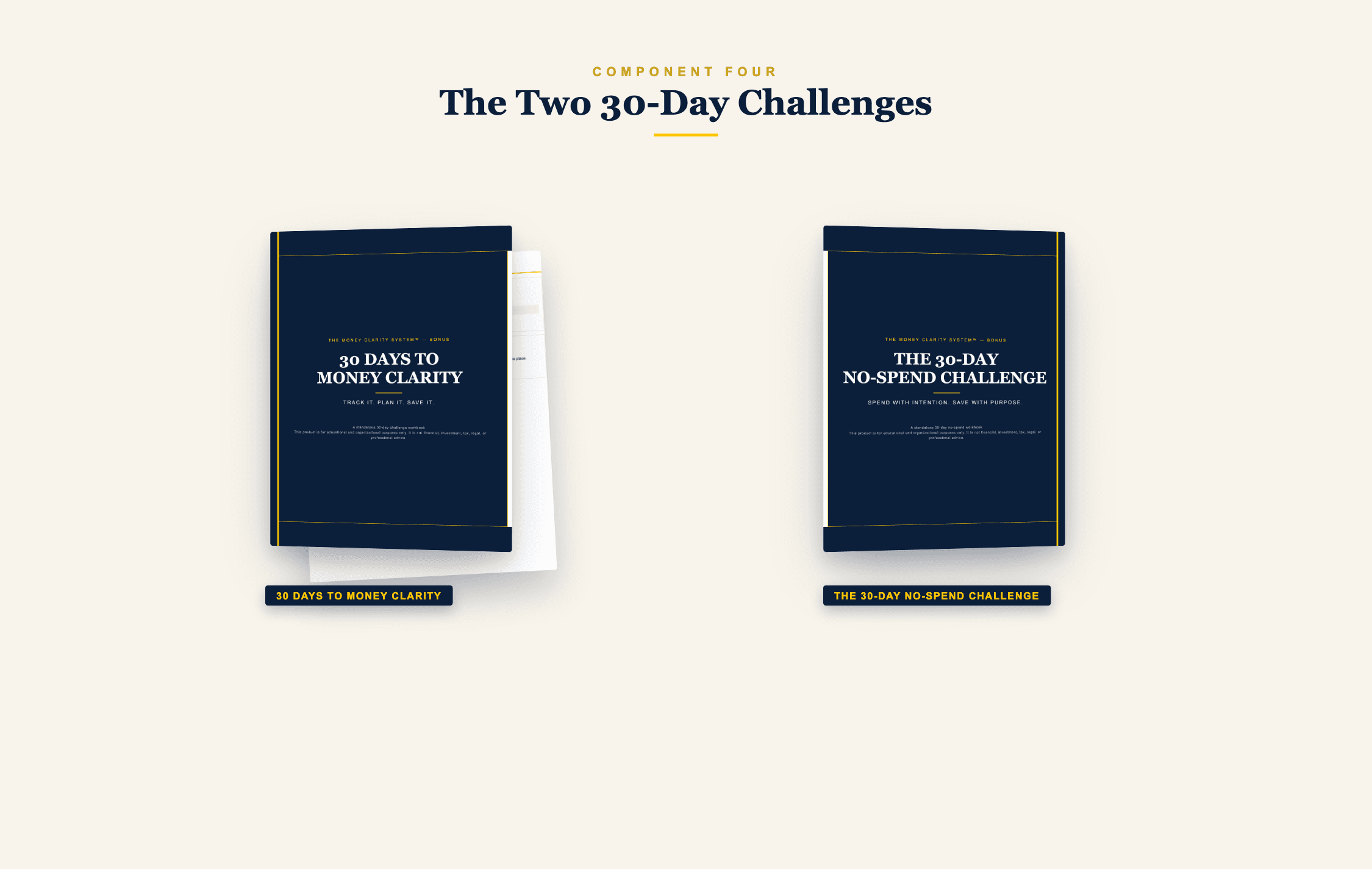 The two 30-Day Challenges — actual covers for 30 Days to Money Clarity and the 30-Day No-Spend Challenge