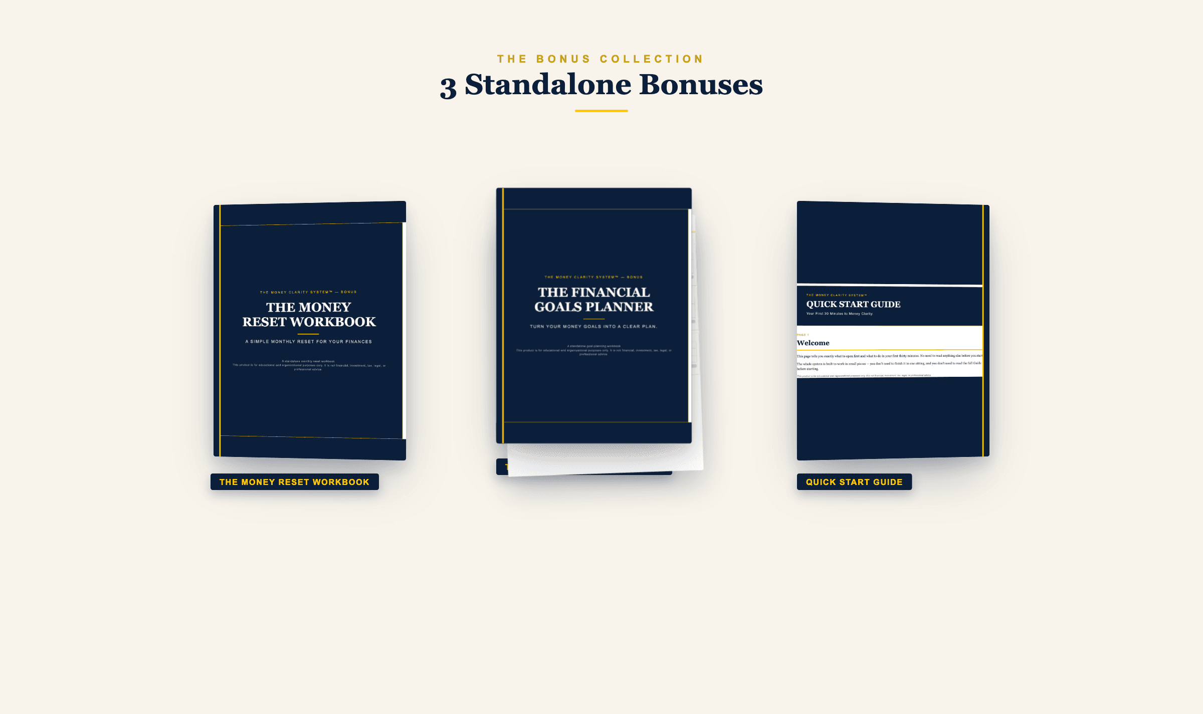 The 3 bonus resources — Money Reset Workbook, Financial Goals Planner, and Quick Start Guide
