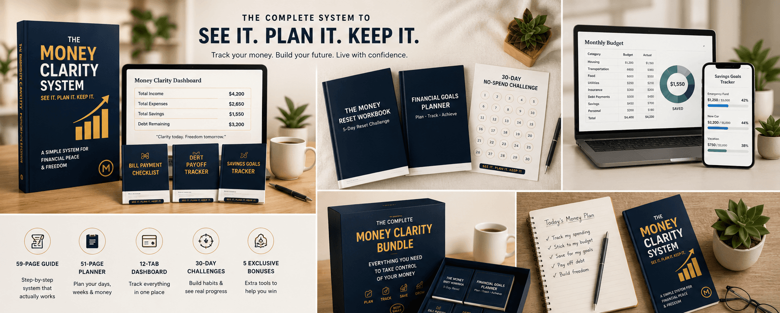 The Money Clarity System™ — guide, dashboard, planner, challenges, and bonus resources shown together