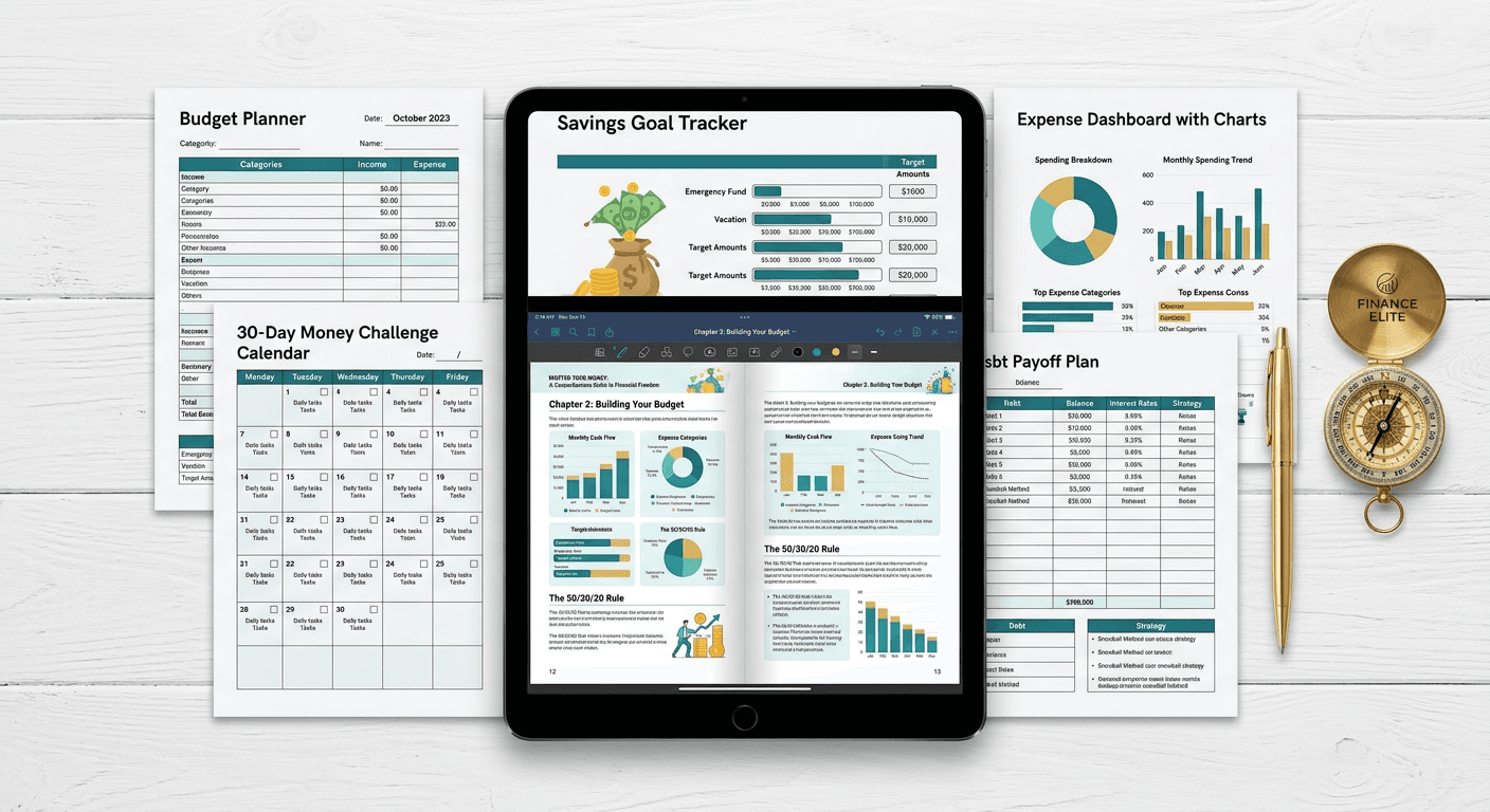 My Money Map contents: Budget Planner, 30-Day Money Challenge Calendar, Savings Goal Tracker, Expense Dashboard with charts, and Debt Payoff Plan